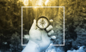 hand holding a compass in the forest